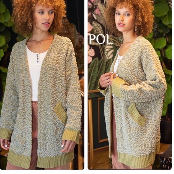 POL long cardigan Olive Green popcorn long sleeve with front pockets NWT - Picture 1 of 10
